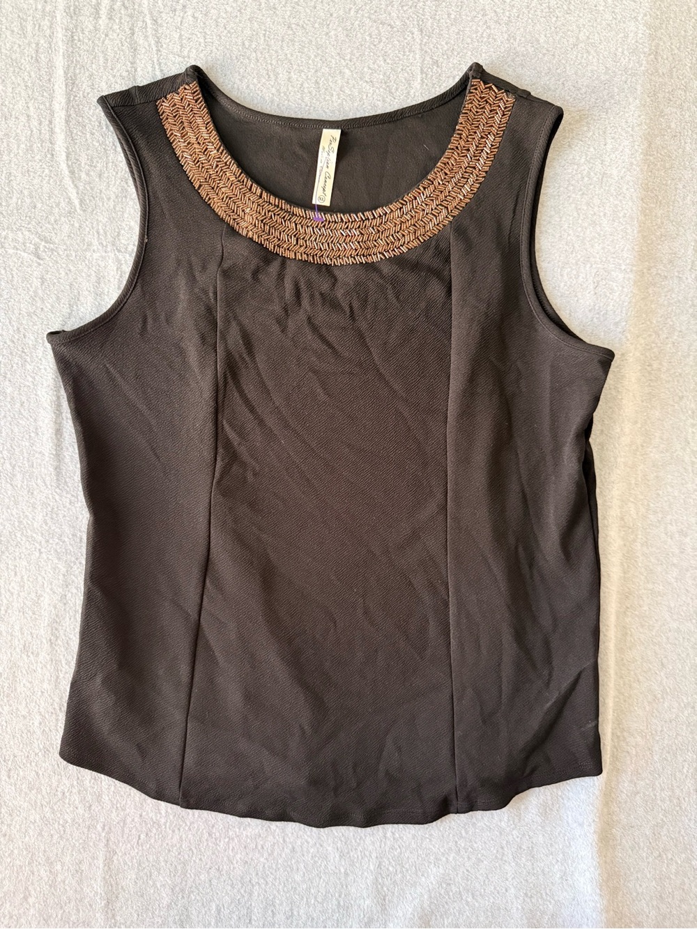 Black Sleeveless Top Bronze Beaded Chevron Neckline Trim Women’s XL